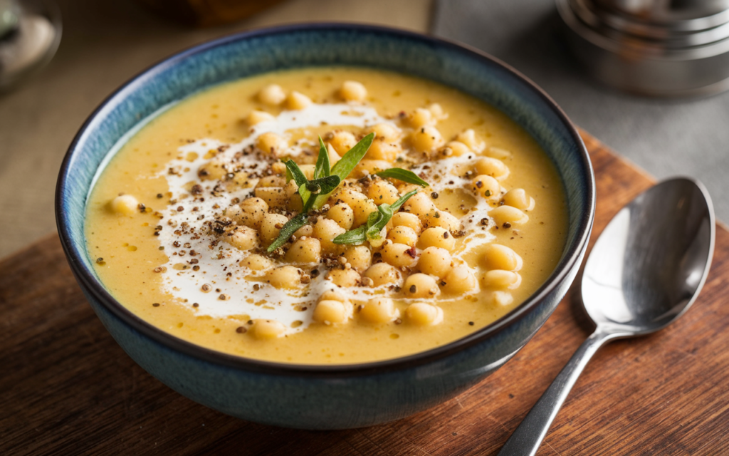 "A cozy serving of pastina soup with a topping of freshly ground pepper."