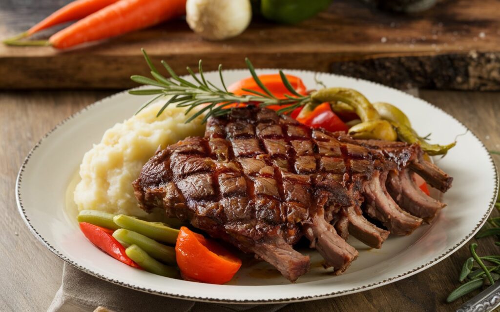 Raw boneless beef ribs seasoned with a dry rub, arranged on a wooden cutting board